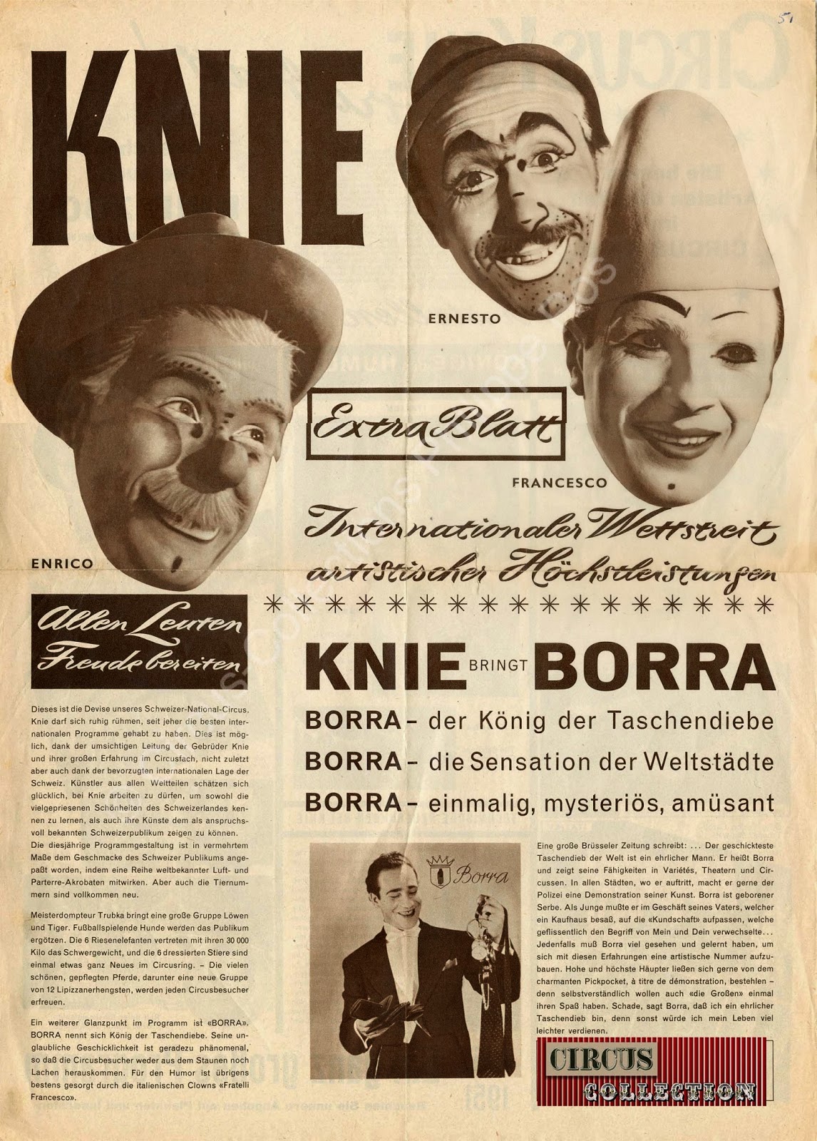 flyer du Cirque Knie 1951 Borra der König der Taschendiebe, Borra die Sensation der Weltstädte , Borra Einmalig, mysteriös, amusant 