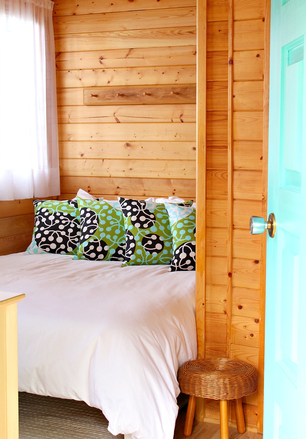 pine bedroom walls Scandinavian Inspired Bunkie Guesthouse Makeover