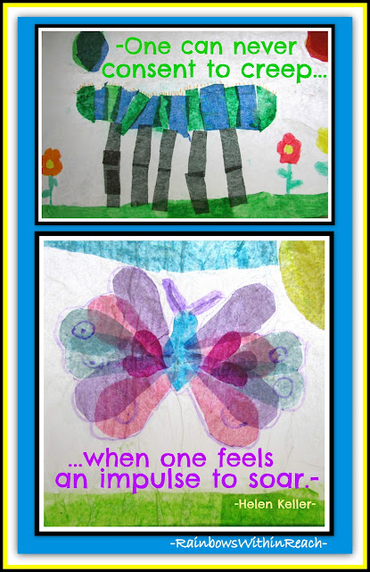 photo of: Helen Keller quotation with first grade tissue paper illustrations for caterpillar and butterfly