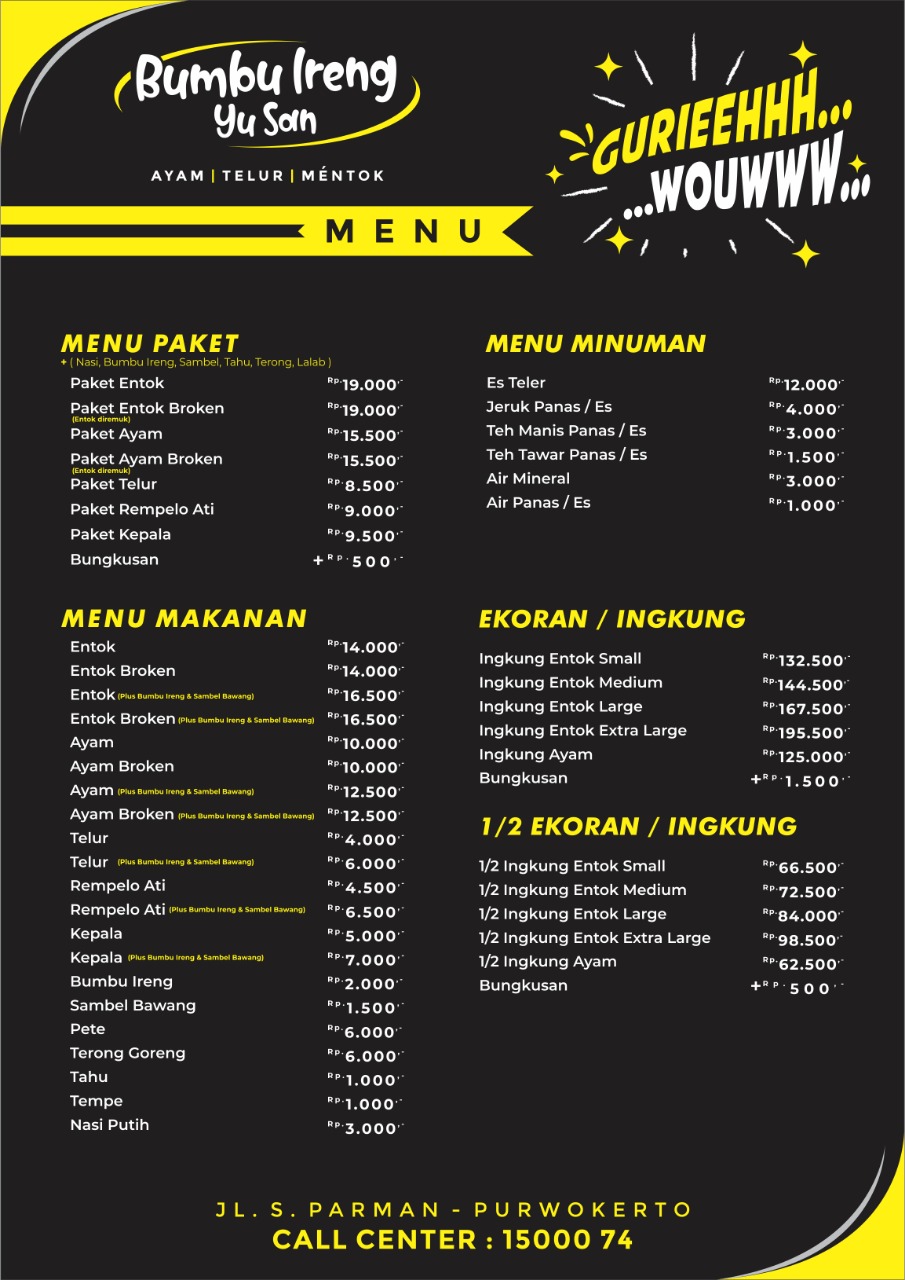 Daftar Menu Bumbu Ireng Yu San Area Banyumas