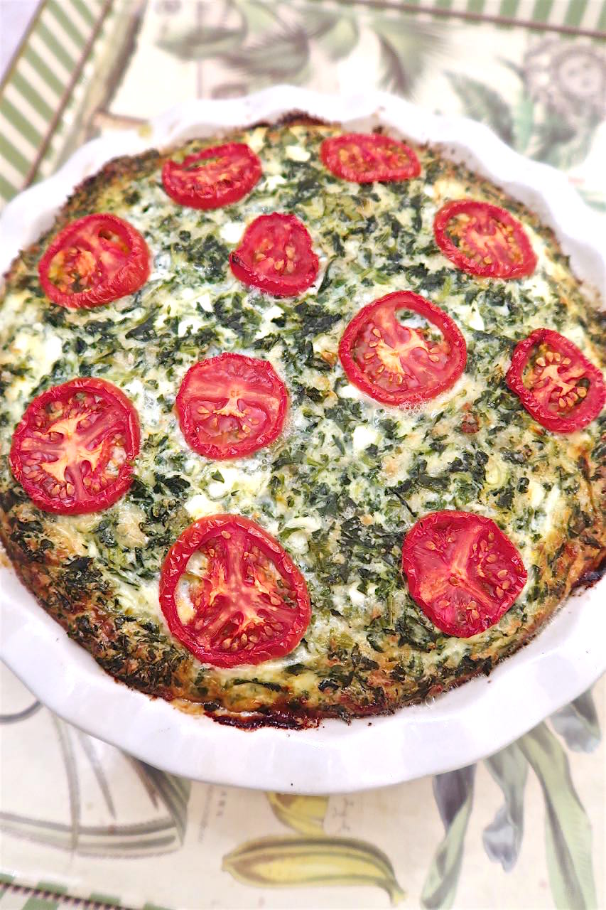 Scrumpdillyicious Crustless Spinach & Cheese Quiche with Tomato