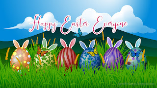 Happy Easter Grassland Landscape Card With Colored Eggs, Bunny Ears, And Butterflies