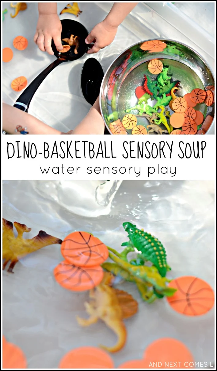 Fine motor water sensory play with dinosaurs and basketballs - inspired by the children's book Dino-Basketball from And Next Comes L
