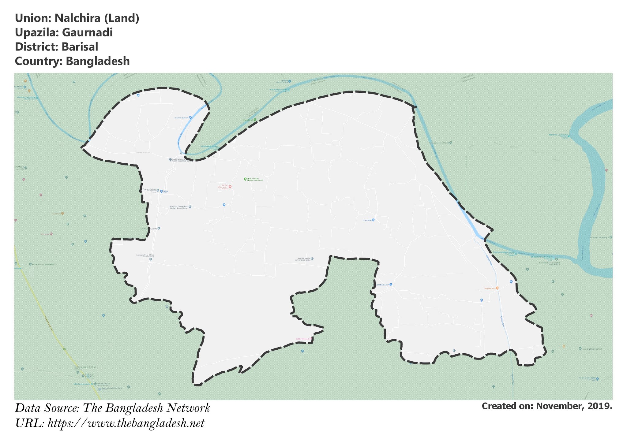 Map of Nalchira of Barisal, Bangladesh.