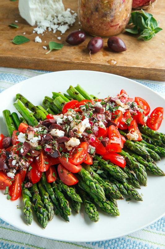 Grilled Asparagus and Tomatoes in a Kalamata Olive and Feta Vinaigrette