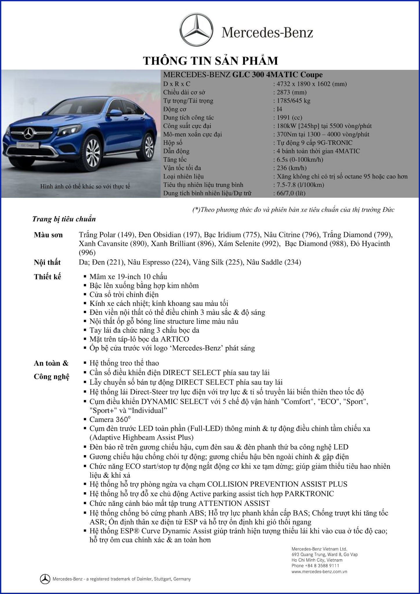 Bảng thông số kỹ thuật Mercedes GLC 300 4MATIC Coupe 2017 Bảng thông số kỹ thuật Mercedes GLC 300 4MATIC Coupe 2017 tại Mercedes Trường Chinh