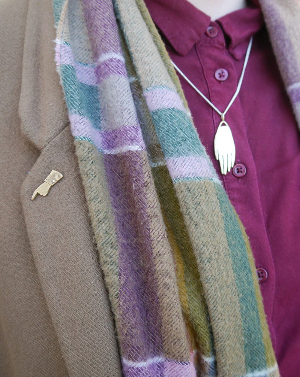 Datter Industries Accessories Wearin autumn colours, a Datter Industries hand necklace and pointing pin and a vintage scarf