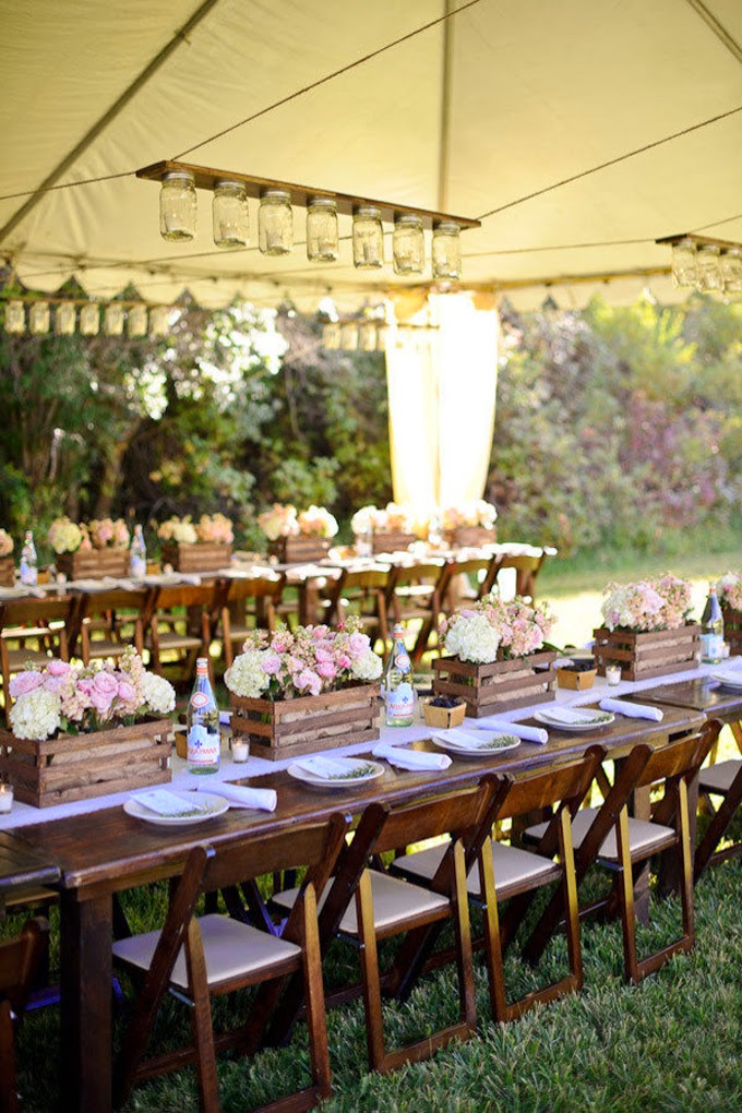 10 Country Chic and Rustic Wedding Tablescapes - Wooden Crates as Centerpieces