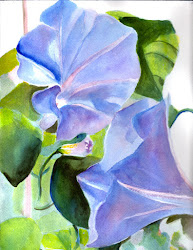 morning glory flowers watercolor painting bunny artwork