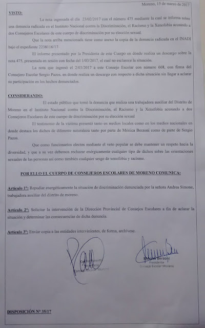 Disposición 35/2017: Repudio enérgico a la situación de discriminación denunciada por la Auxiliar Escolar Andrea Simone y Solicitud de intervención de la Dirección Provincial de Consejos Escolares a fin de aclarar la situación y determinar las consecuencias de la denuncia radicada en el INADI bajo expediente 2238116/17 Disposición 35/2017: Repudio enérgico a la situación de discriminación denunciada por la Auxiliar Escolar Andrea Simone y Solicitud de intervención de la Dirección Provincial de Consejos Escolares a fin de aclarar la situación y determinar las consecuencias de la denuncia radicada en el INADI bajo expediente 2238116/17