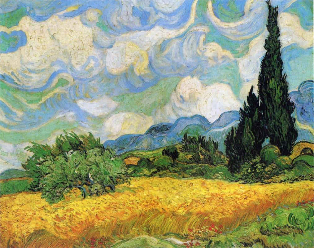 Campo de Trigo com Ciprestes Pinturas de Van Gogh - (Pos-Impressionismo) Pintor Holandês