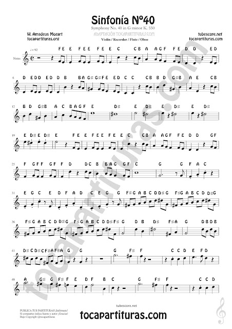  40 Symphony by Mozart Easy Notes Sheet Music for Treble Clef, Violins, Flutes, Saxophones, Clarinets, Trumpets, Horns... Partitura con Notas en Inglé English Notes