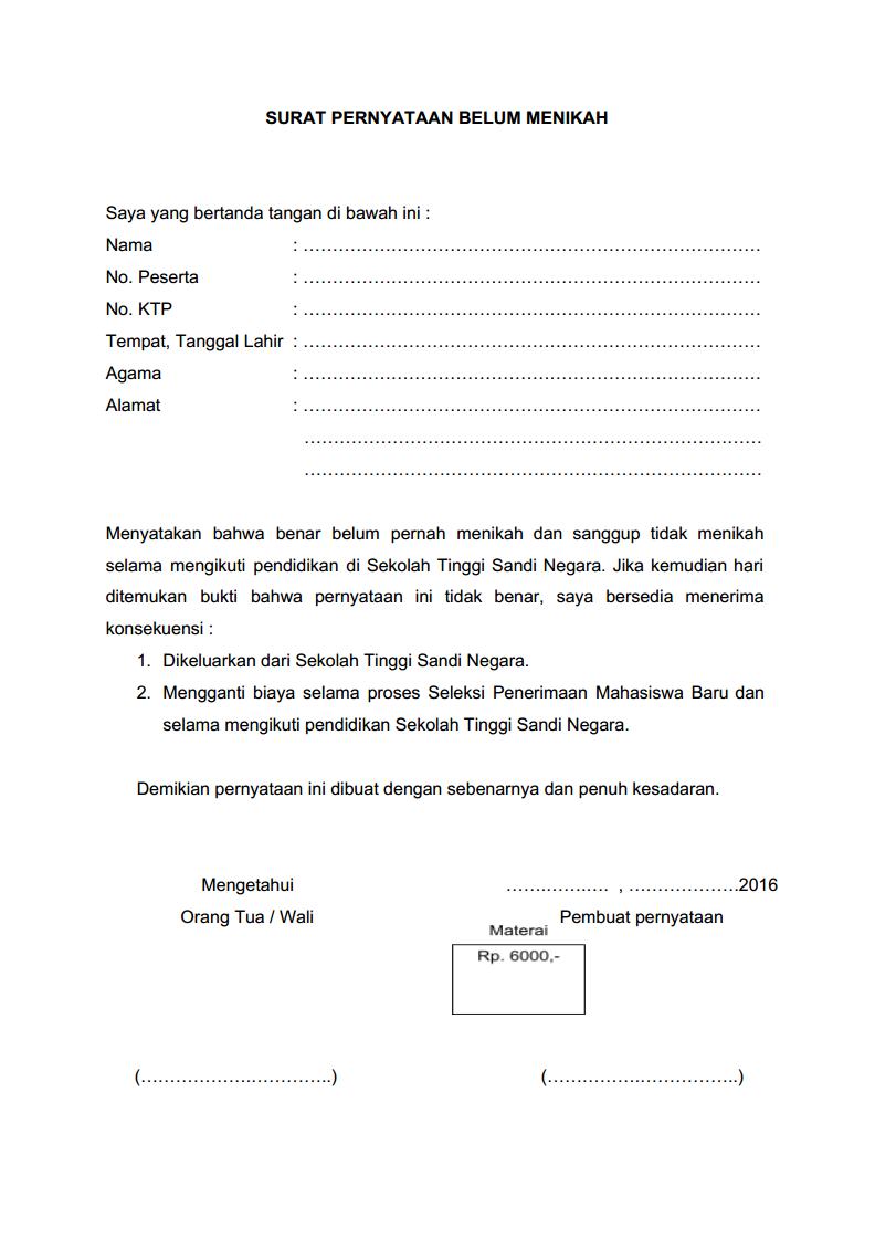 Surat Lamaran dan Surat Pernyataan Belum Menikah STSN 