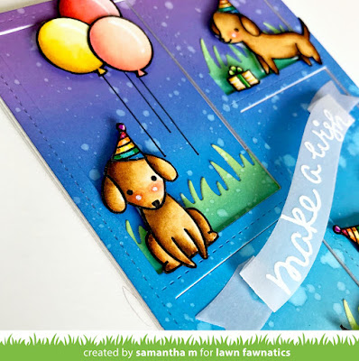 Puppy Birthday Party Card by Samantha Mann for Lawn Fawnatics Challenge, Lawn Fawn, Distress Oxide Inks, Ink Blending, Birthday, Handmade Cards, #oxideinks #inkblending #puppy #birthdaycard #lawnfawn