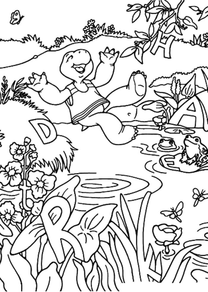 Kids Page: - Franklin The Turtle With Frogs - Cartoon Coloring Pages