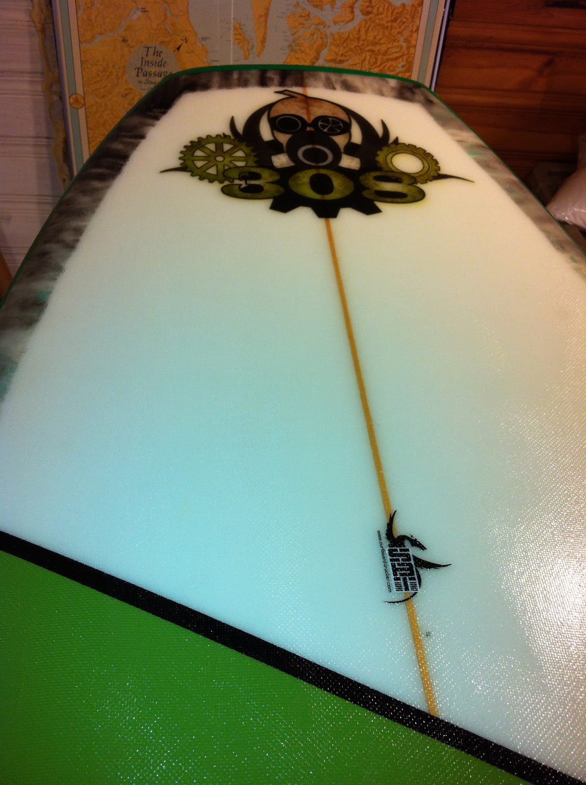 TKSS Custom surfboard, with custom logos and color.