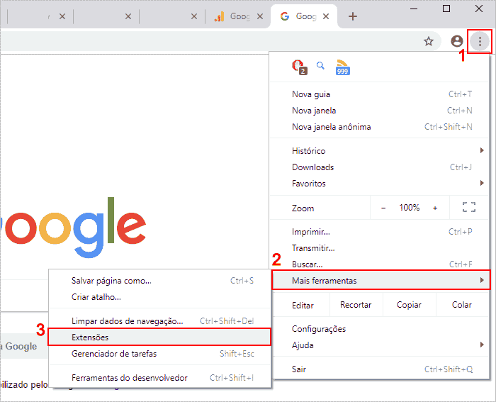 Acessando as extensões do Chrome pelo menu