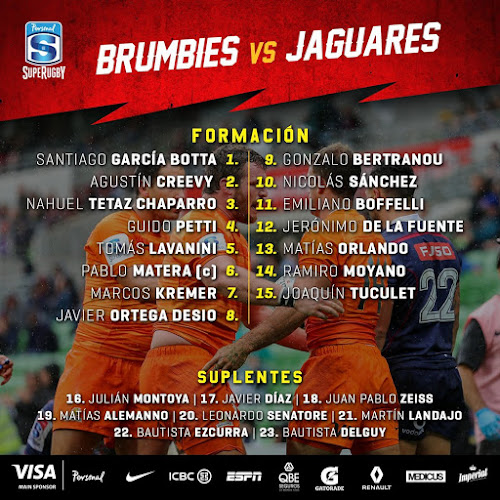 Formación de Jaguares ante Brumbies #PersonalSuperRugby #BRUvJAG