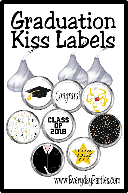 Add some sweet fun to your Graduation party with these printable graduation kiss labels.  These labels are a quick and easy addition to your dessert table or to your party favors.  Your graduate and your guests will love the chocolate fun! #graduation #graduationparty #hersheykiss #kissprintables #diypartymomblog