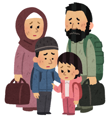 悲しそうな難民の家族のイラスト