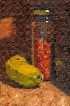 Oil painting of a tall slender jar of chillies beside a slightly unripe banana.