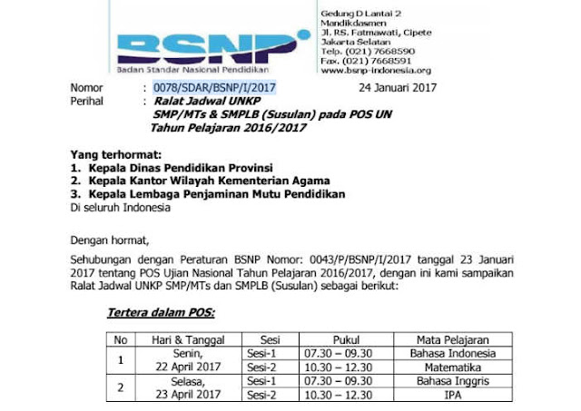 Ralat Jadwal UNKP SMP/MTs & SMPLB (Susulan) POS UN Tahun Pelajaran 2016/2017 Ralat Jadwal UNKP SMP/MTs & SMPLB (Susulan) POS UN Tahun Pelajaran 2016/2017