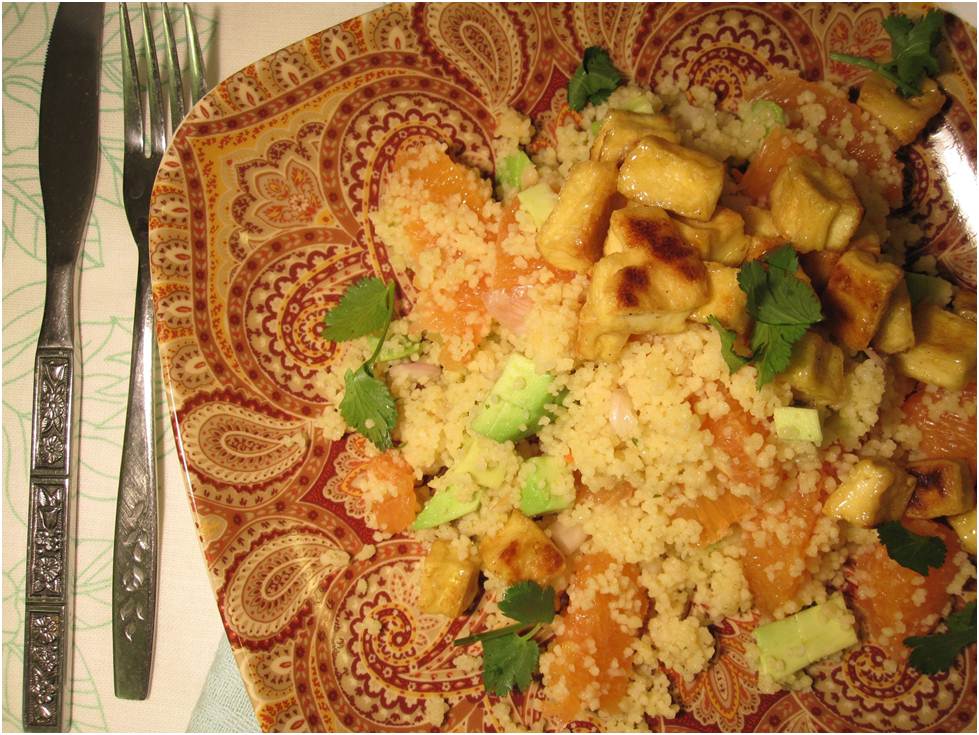Edible biology Couscous with mapleorange glazed tofu, orange segments