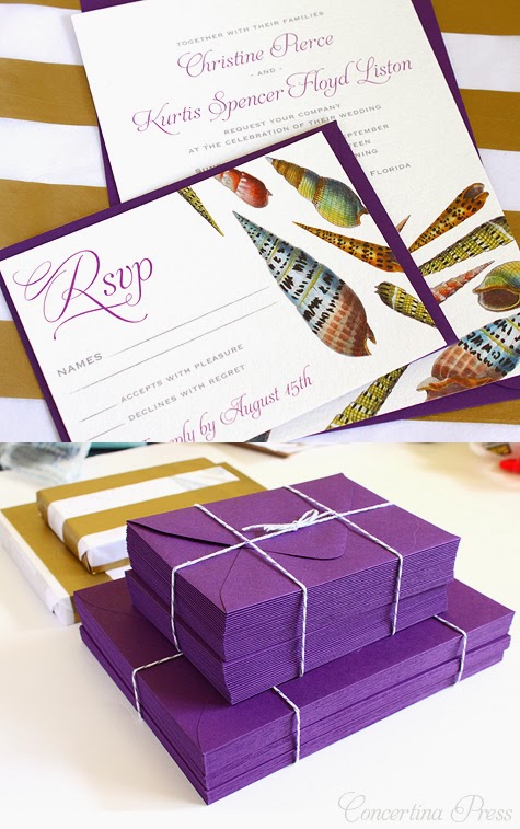 Purple Seashell Wedding invitations - Concertina Press