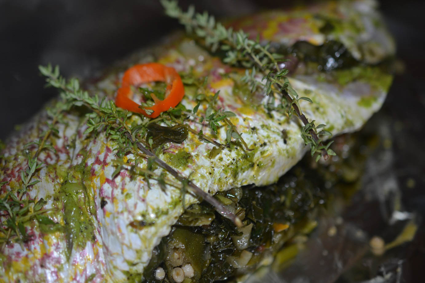 Greedy Girl Callaloo okra and pumpkin stuffed foil roast fish