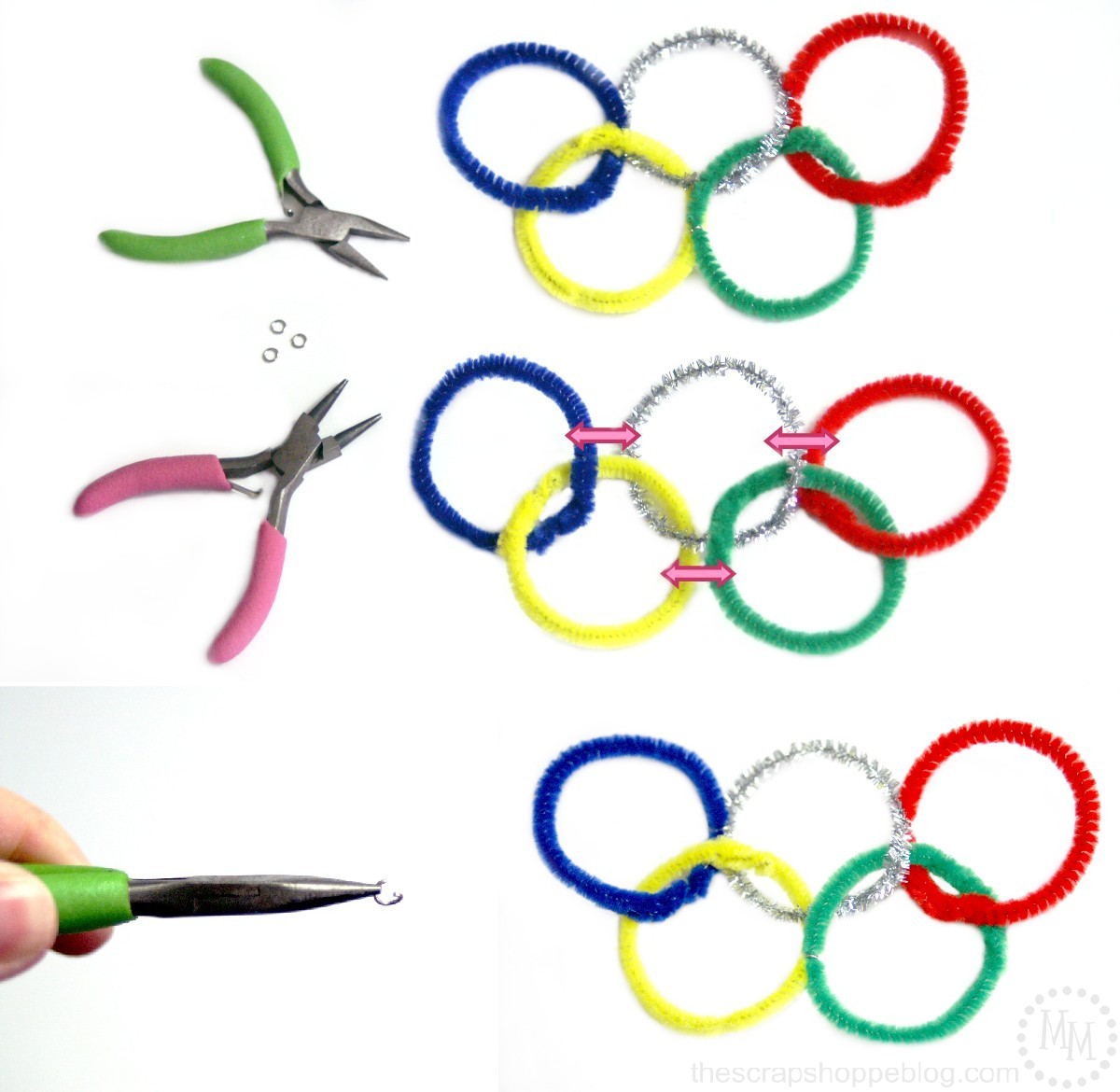 add jump rings to chenille stem olympic rings