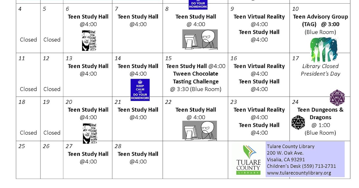 Tulare County Library News and Events February Calendar for Teens
