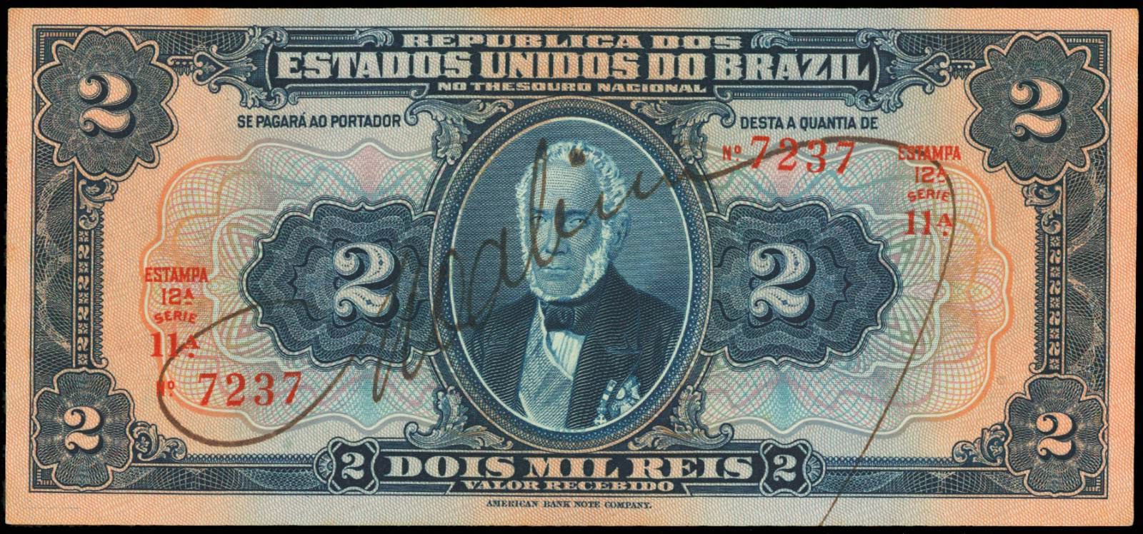 Brazil Banknotes 2 Mil Reis bank note 1919 Portrait Pedro de Araujo Lima, Marquis of Olinda