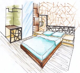 Desain exterior dan interior  Sketsa  kamar tidur sederhana