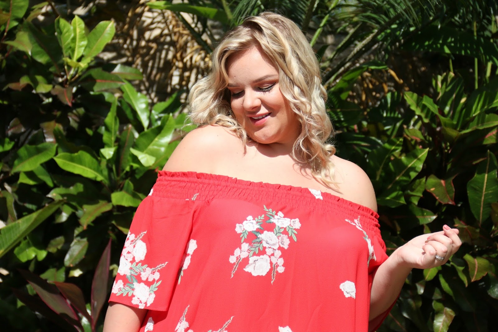Binky Felstead Red Floral Bardot Dress From In The Style Curve Review