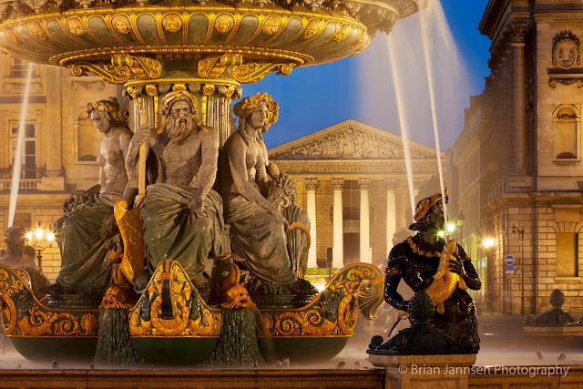 The 'Fountain of the Rivers,' pictured above, features figures representing the Rhône and Rhine rivers of Europe.