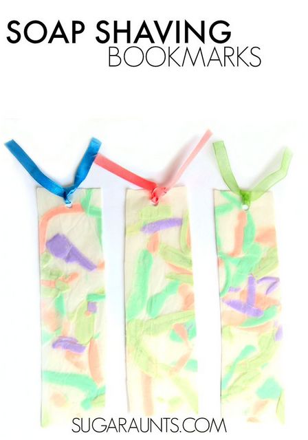 Soap Shaving Bookmarks with peeled soap, part of the book, Pop! Squirt! Splash! book for kids with soap, water, and bubbles