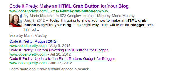 search result with three extra links from the author below the initial search result