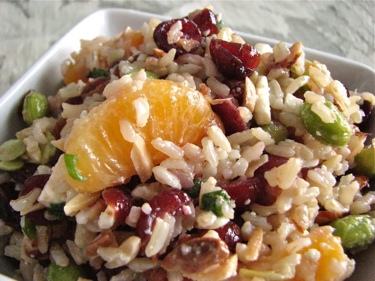 Delectably Mine Clementine Brown Rice Salad with Edamame and Cranberries
