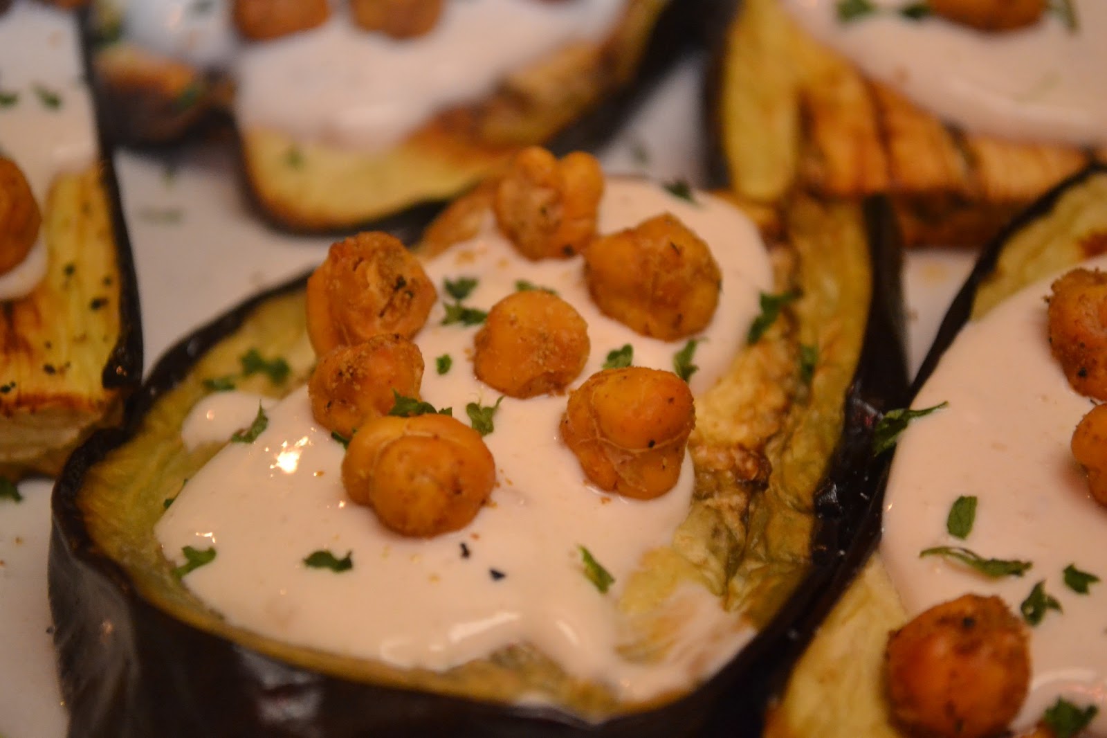 Gourmet, My Way Roasted Eggplant with Tahini Yogurt Sauce and Crispy