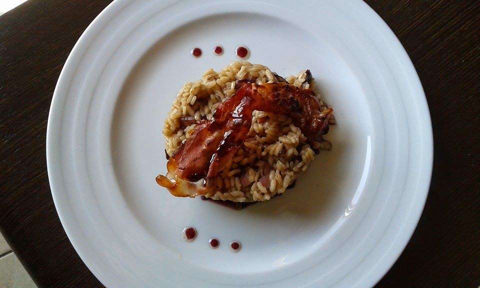 Risotto allo speck e radicchio stufato all'Amarone con riduzione di Amarone