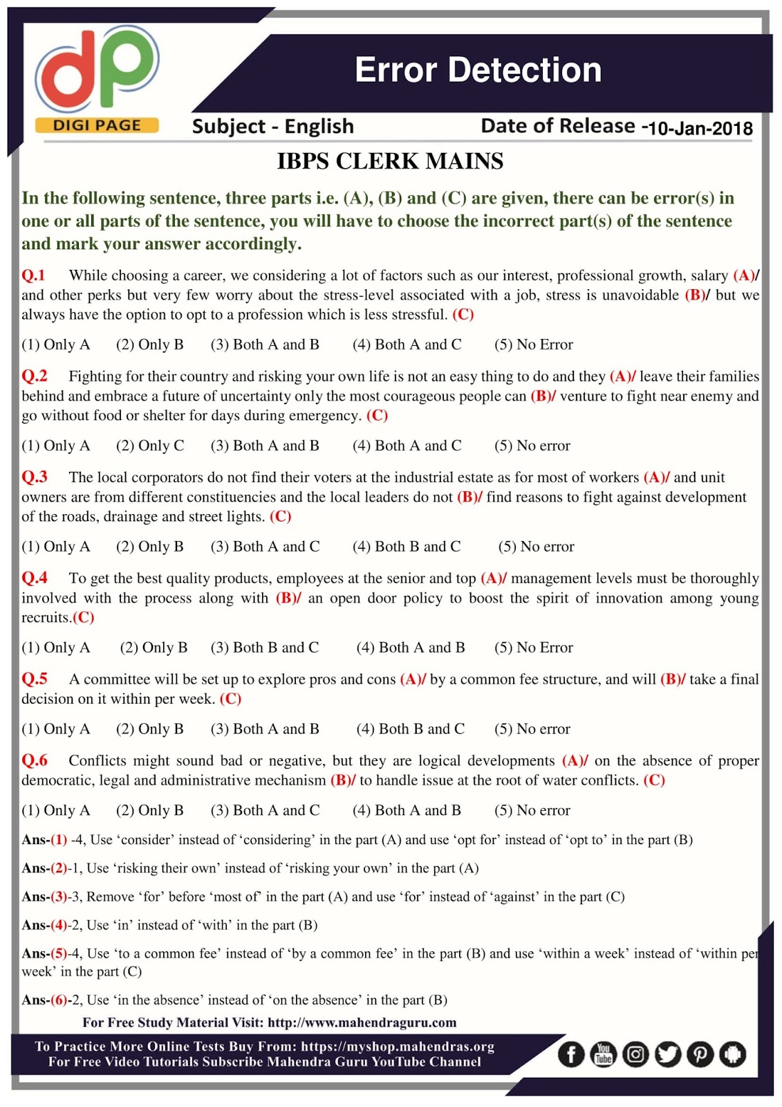 DP Error Detection For IBPS Clerk Mains 10 01 2018