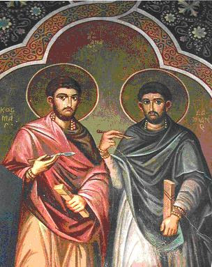 En la imagen San Cosme y San Damian con instrumental medico en sus manos.