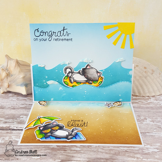 Congrats on your retirement by Andrea features Newton's Summer Vacation, Simply Sentimental, Cosmic Newton, and Sea Borders by Newton's Nook Designs; #newtonsnook