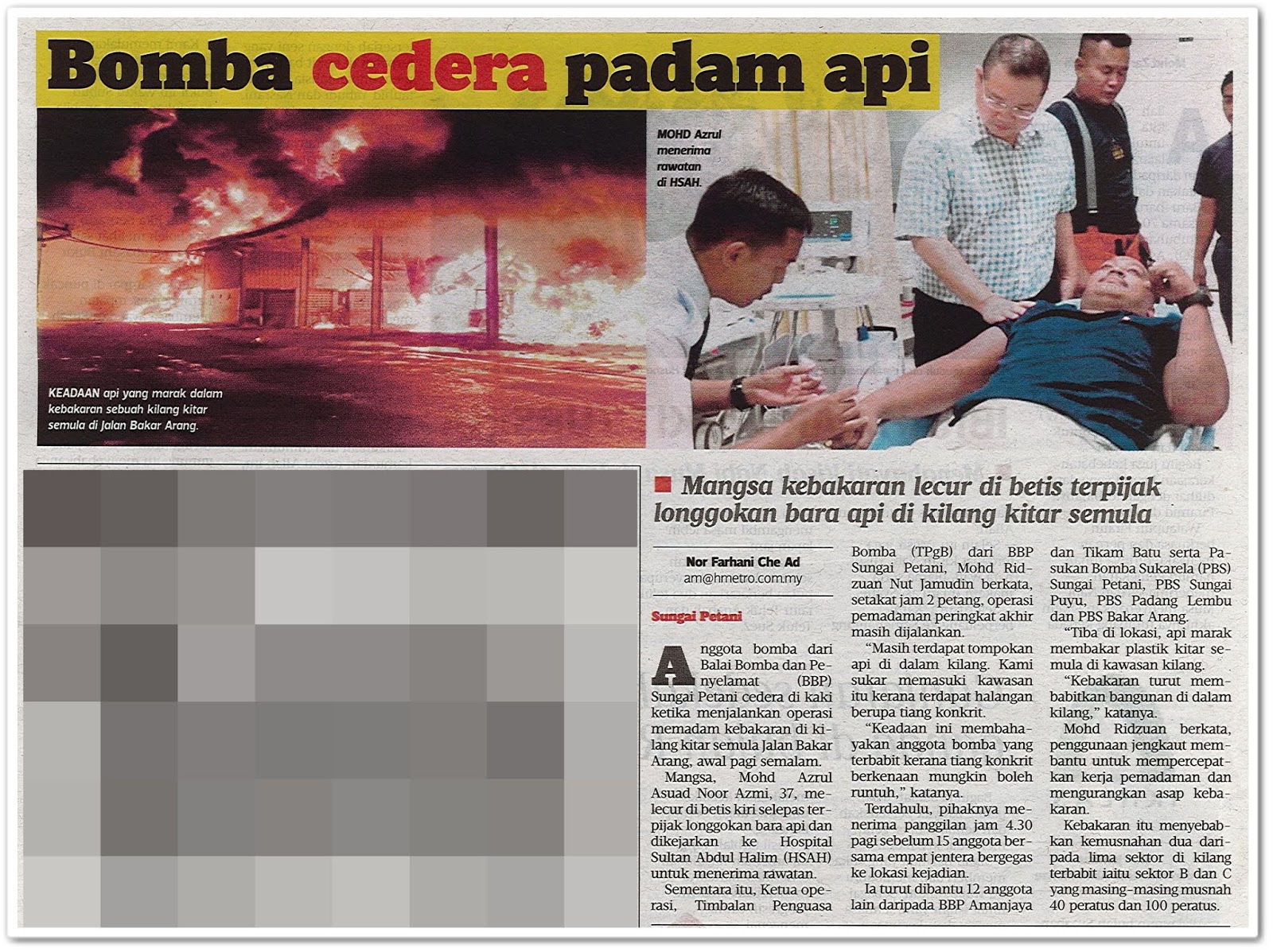 Bomba cedera padam api - Keratan akhbar Harian Metro 19 April 2019