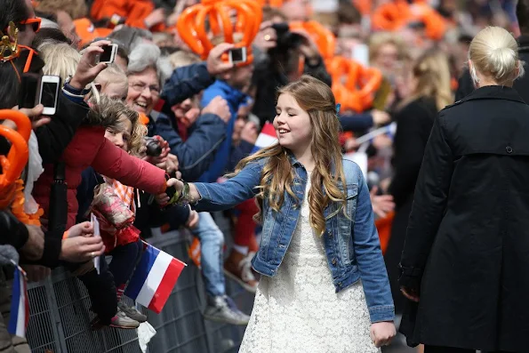 King Willem-Alexander, Queen Maxima, Princess Amalia, Princess Alexia and Princess Ariane, Princess Laurentien attend the 2016 Kings Day celebration in Zwolle. Pili Carrera Dress, Zara Lace Dress