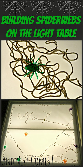 Building spiderwebs on the light table - perfect for Halloween or a spider theme from And Next Comes L Building spiderwebs on the light table - perfect for Halloween or a spider theme from And Next Comes L