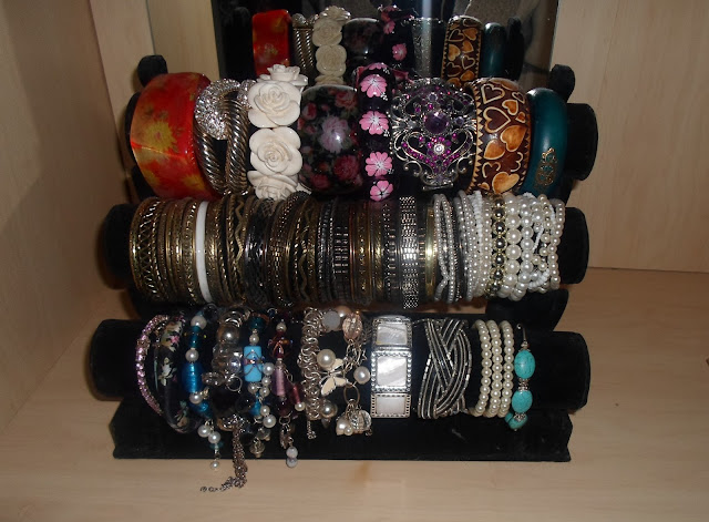 photo of my bracelet collection and storage using a three tier bracelet holder
