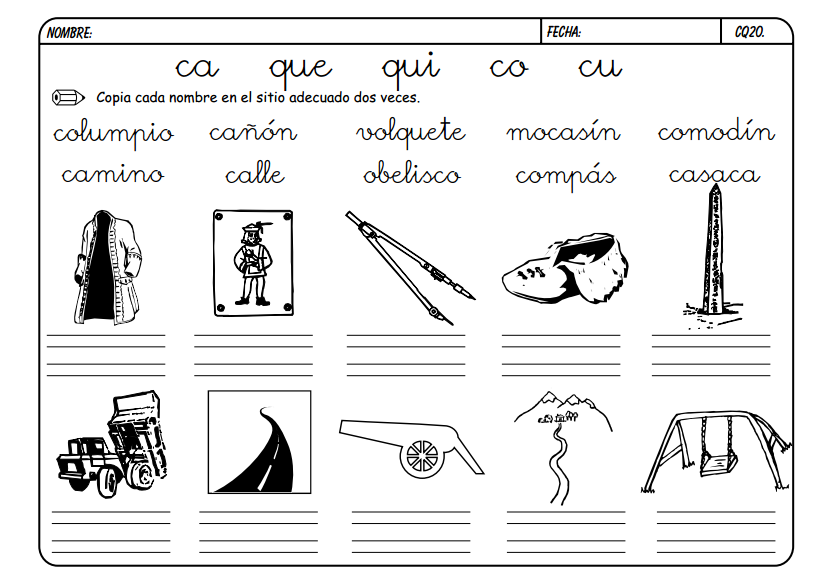Maestra de Primaria Fichas para trabajar CA, QUE, QUI, CO, CU.