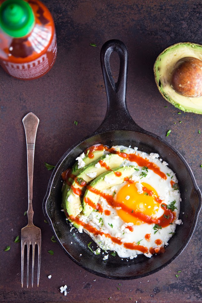 Sunny-Side Up Egg with Avocado, Sriracha and Crumbled Feta