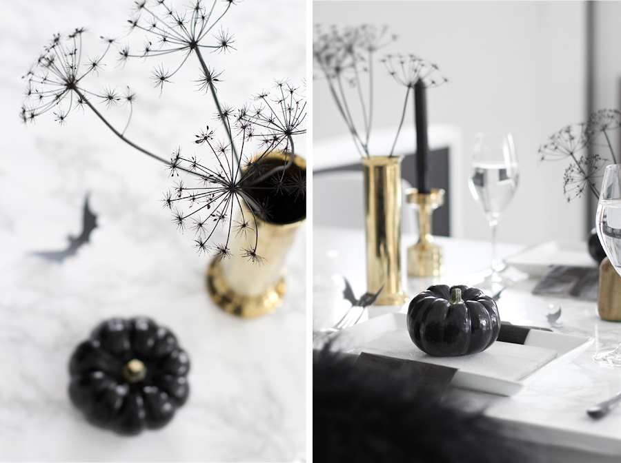 como decorar tu mesa para Halloween de manera elegante y sofisticada con elementos negros y dorados